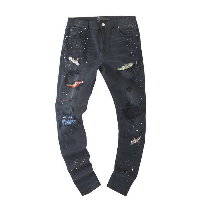 

Designer Clothing Luxury Casual Fashion Denim Pants Amiiri Amiiri Crane Embroidery Patch Spicy Ink Hole Damaged High Street Wash Jeans Distressed Ripped Skinny Mot, Black