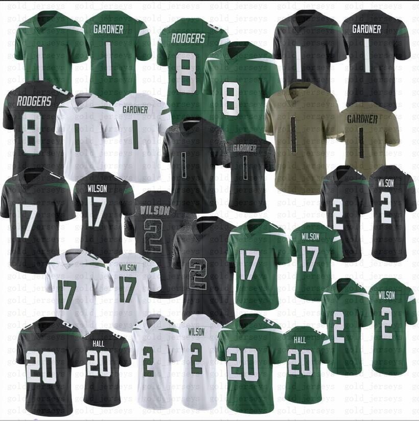 

Aaron Rodgers Ahmad Sauce Gardner Football Jerseys Zach Wilson Breece Hall Garrett Wilson Elijah 8 Rodgers jersey, Men