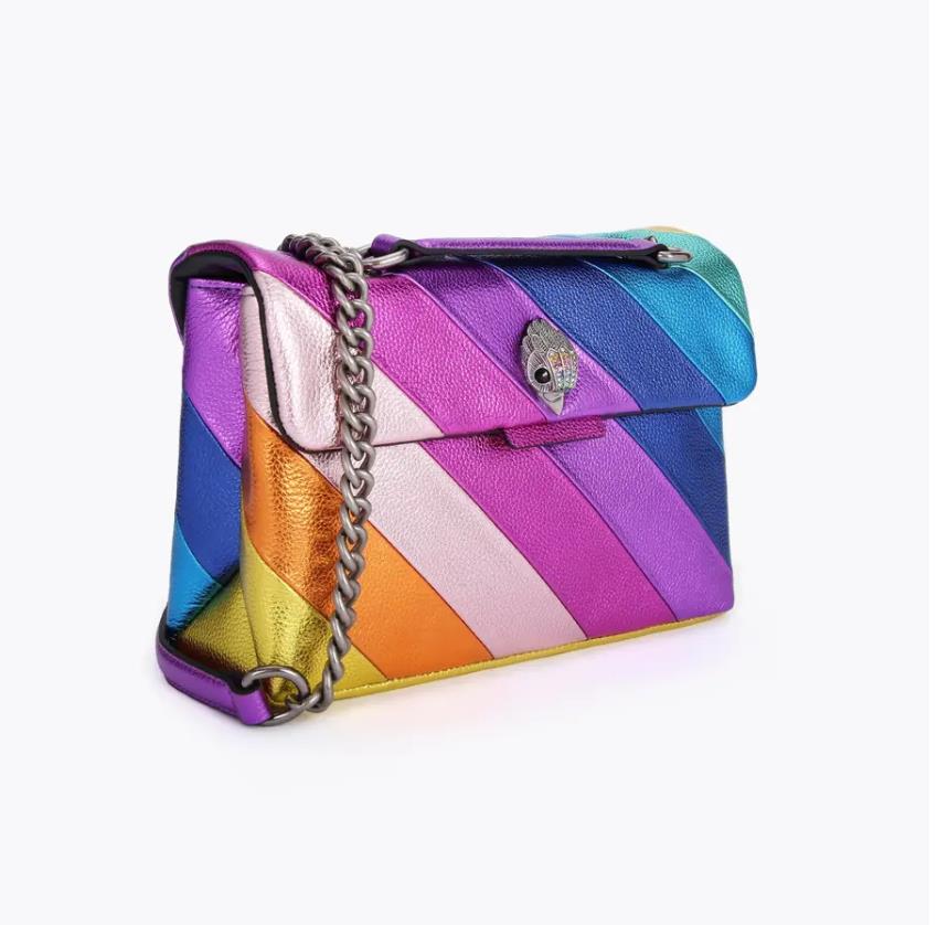 

Kurt Geiger Deigner Bag Medium Size Kensington Shoulder Bags Real Leather Handbag Rainbow Micro Fiber Leather Eagle Head Luxury Cross Body Purse with Full Logo, Medium rainbow with full logo
