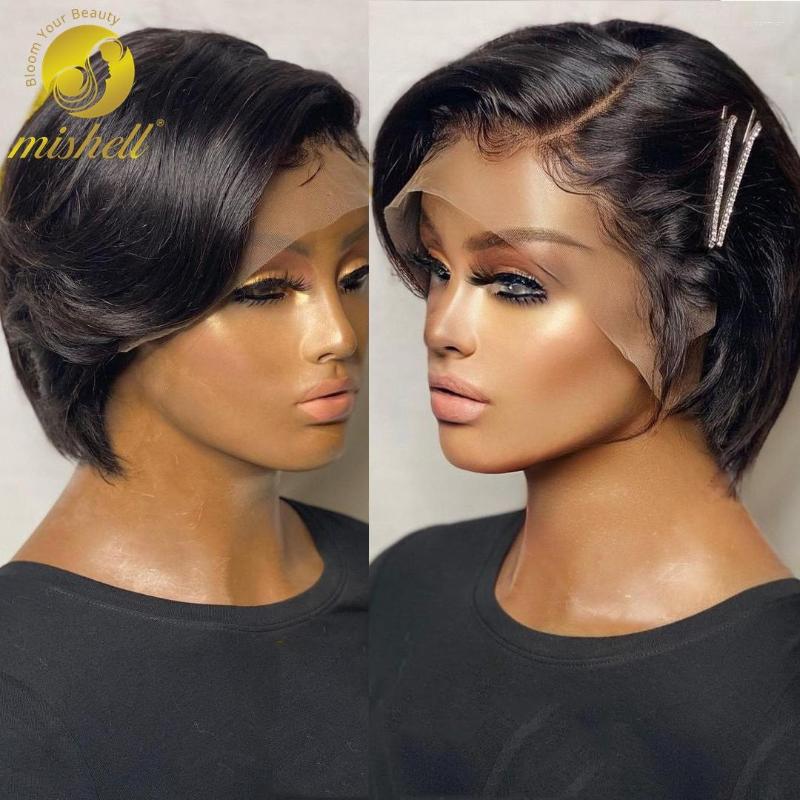

Short Straight Bob Pixie Cut Wig Human Hair Wigs 13x1 T Part Transparent Lace For Black Women 1B 27 Highlight, Natural color