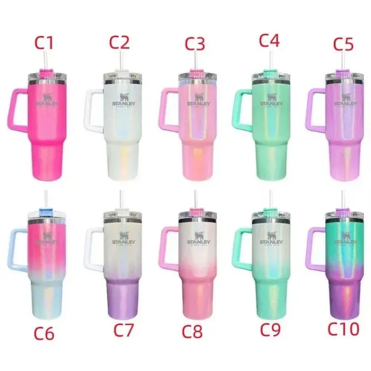 

New Stanly 40oz glitter tumblers Cups with Logo Handle and Straws Reusable Insulated Car Mugs Stainless Steel Sublimation Tumbler big capacity Water Bottles, Multi-color
