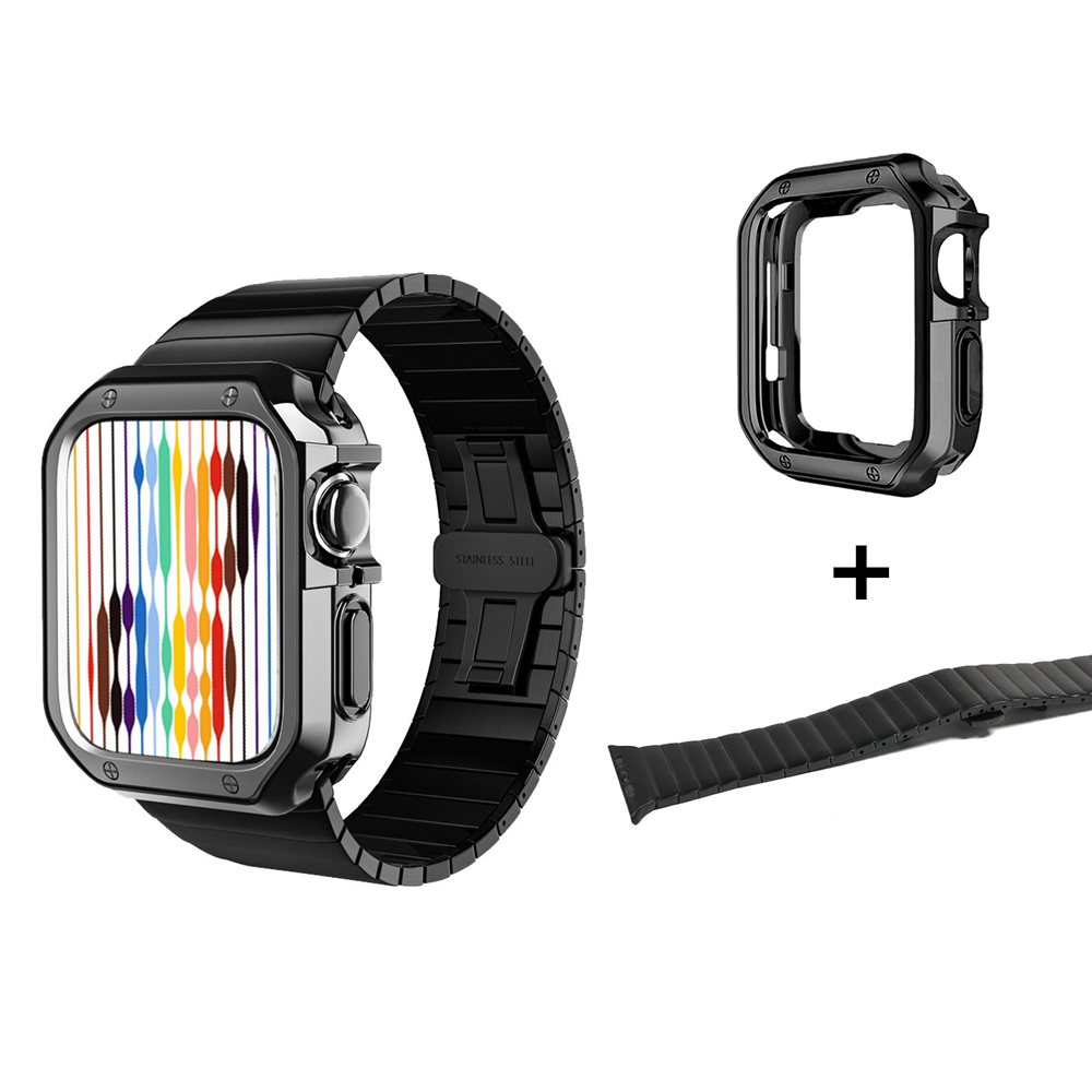 

Protective Case Cover TPU Electroplate Cases Fit Stainless Steel Straps Kit Link Bands Butterfly Clasp Band Chain Strap For Apple Watch 3 4 5 6 7 8 Ultra 49 45 44 42mm