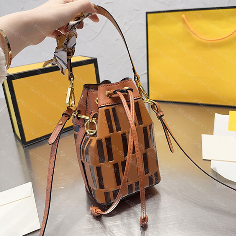 

Designer Drawstring Bucket Bags Handbag Shoulder Bag Fashion Letter F Crossbody Purse Metal Hardware String Cell Phone Pocket Free Scarves, F#brown