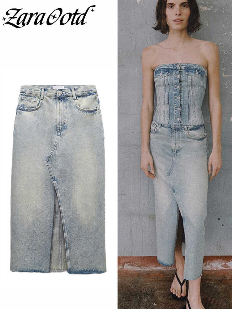 

Skirts Fashion Y2K Front Split Denim Women 2023 Spring High Waist Straight Female Vintage Faded Slit Long Streewear W0425, Color3