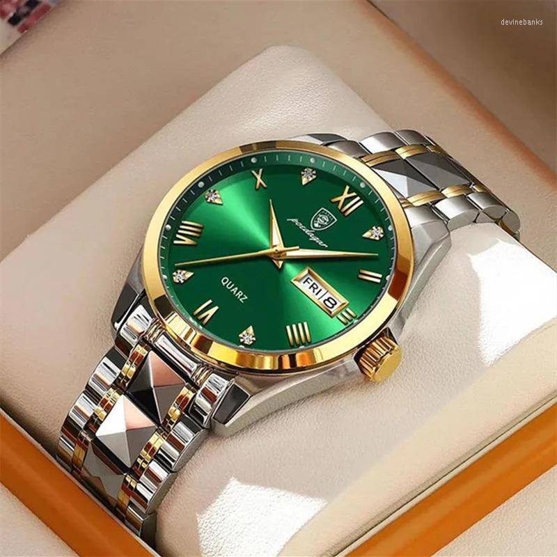

Wristwatches Poedagar 985 Top Green Dial Men's Watch Waterproof Luminous Week Date Clock Sport Watches Men Quartz