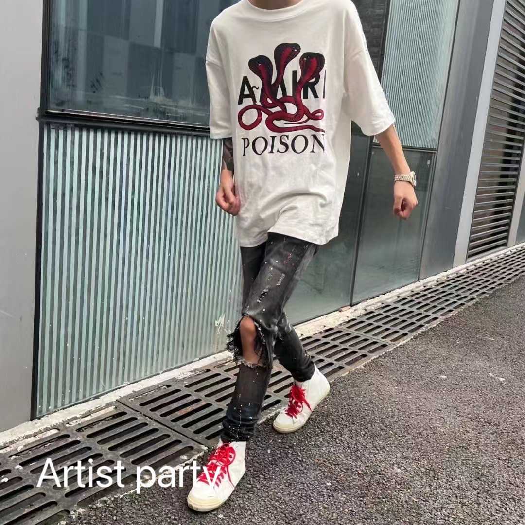 

Designer Fashion Clothing Tees Tshirt Artist Amiiri Sparkling Pink Three Head Snake Short Sleeve High Street Heavy Industry Sparkling Pink Print Round Neck Pullove, White three snakes