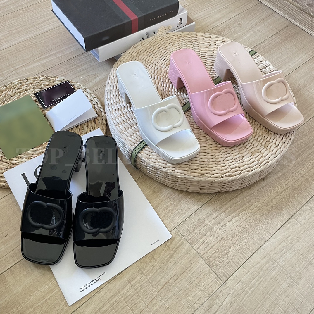 

Women Rubber Slide Sandal Pastel Pink Slide Letters Embossed Slipper Patent-Leather Mid-Heel Platform Thick Bottom Luxury Sandals, White