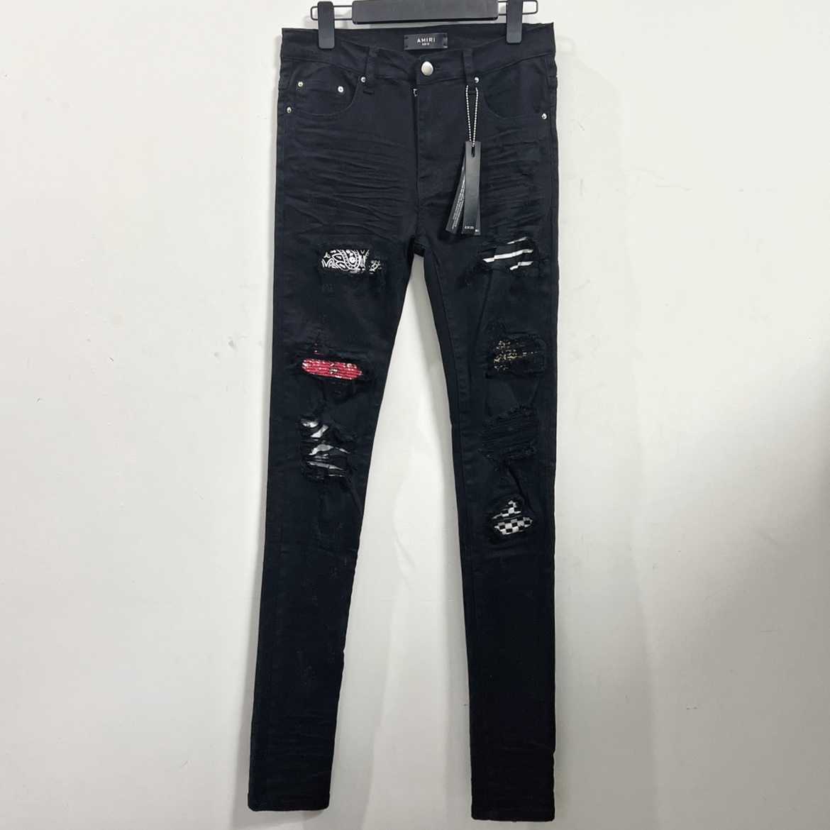 

Designer Clothing Luxury Casual Fashion Denim Pants Trick Amiiri Season 17 Multi Element Pleated Invincible Slim Fit Jeans Distressed Ripped Skinny Motocycle Rock, Black