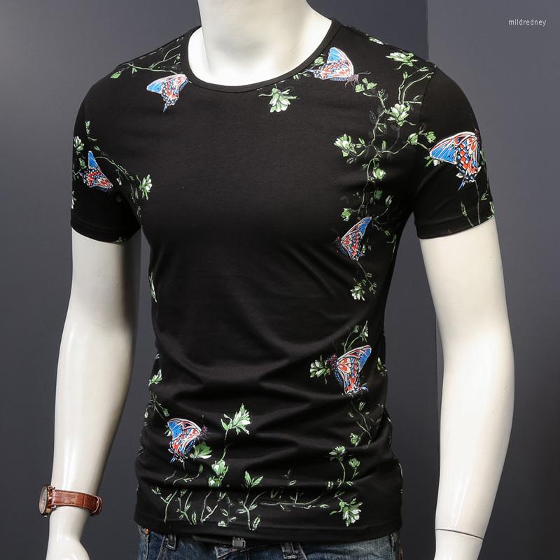 

Men's T Shirts Butterfly Men Floral Printed Black Shirt Mens Fashion Cotton Stretch Slim Fit T-Shirts Summer O-Neck Short Sleeve Tshirt
