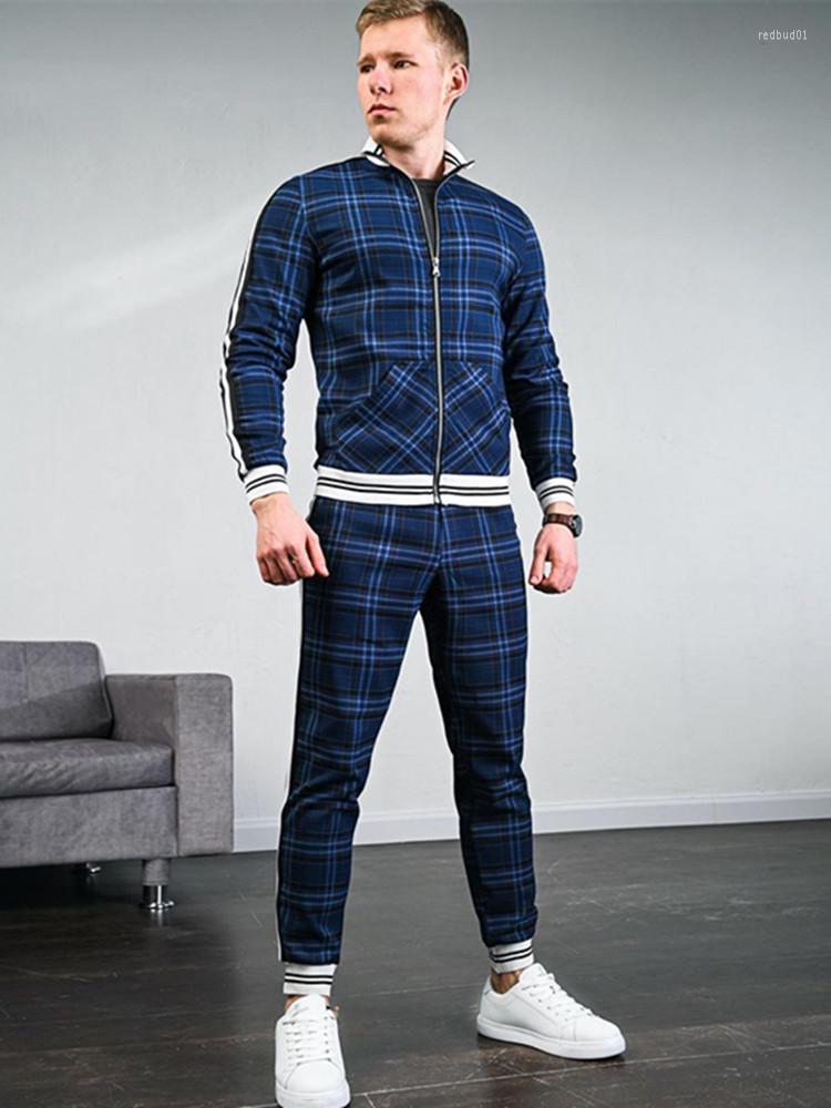 

Men's Tracksuits Men's 3D Print Zipper Jacket Suit Grid Two-piece Patchwork Hooded Coat Fashion Small Leg Trouser Suits Classic, Brown