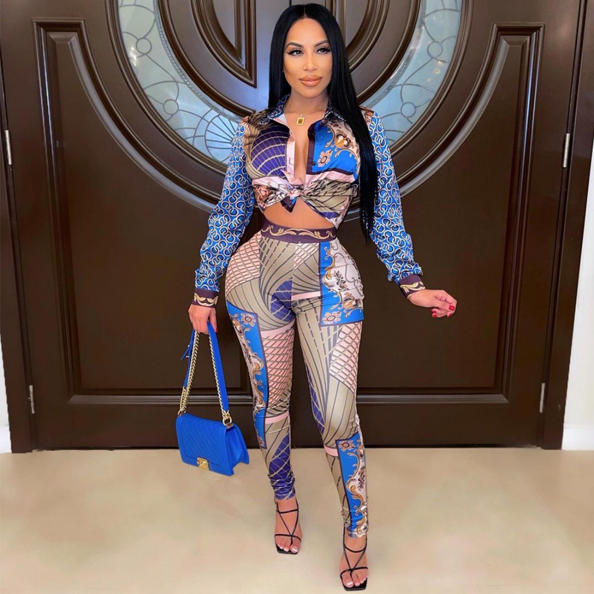 

2023 Print Two Piece Pants Women Outfits Casual Shirt and Leggings Set Easy Suits Free Ship, Blue