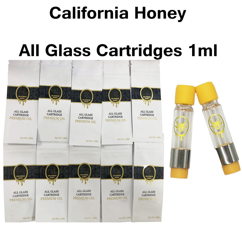 

California Honey All Full Glass Cartridges 1ml Premium Vape Cartridge Atomizers Screw In Bottom Empty Carts 510 Thread Thick Oil with 10 Packaging Bags Stickers