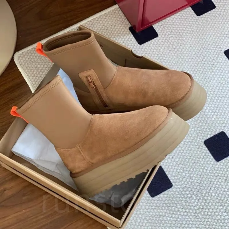 New Snow Boot W Classic Dipper slippers ultra mini boots platform shoes Chestnut Fur Slides Sheepskin Shearling Women Winter Shoes Ankle Socks Bo-image-923472890