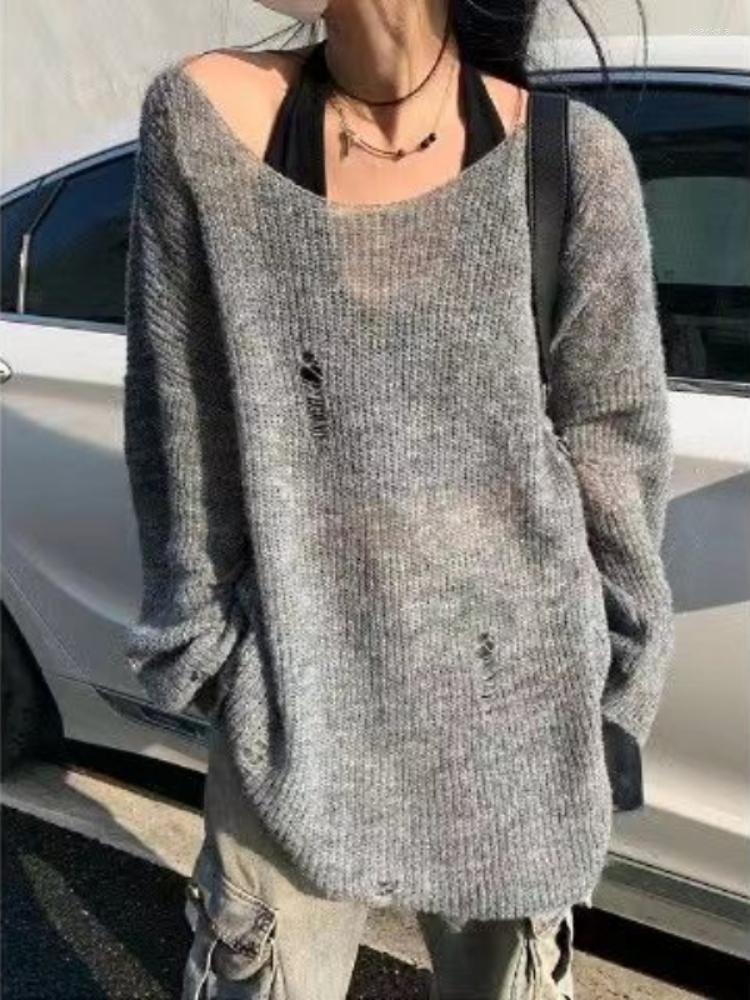 

Women' Sweaters 2023 Spring Fashion Round Neck Grey Knitted Women Sweater Hollow Casual Loose Female Pullover, Gray