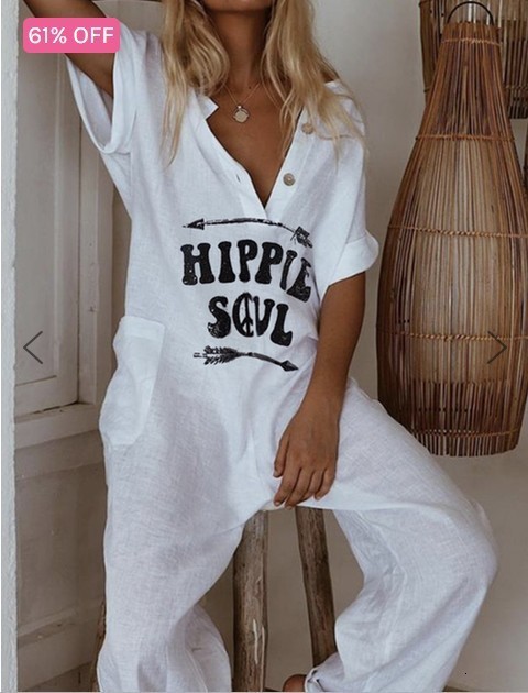 

Hippie Soul Print Wide Leg Jumpsuit Loose Button Vneck Short Sleeve Summer Oversize Long Pants Hip Hip White Jumpsuits Overalls Y200422, Brown