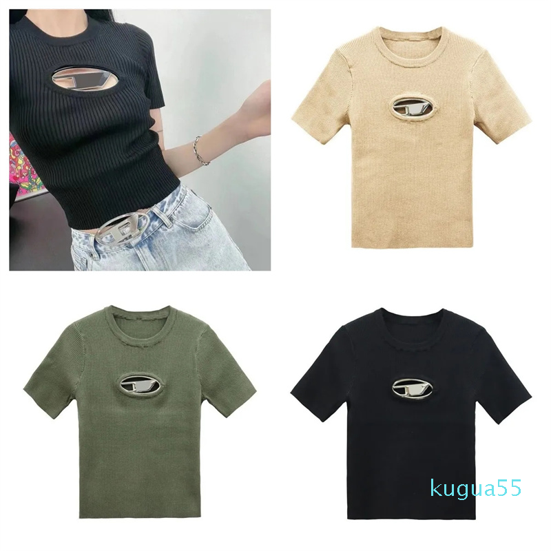 

2023-Women' tshirts designer knit diesels top tight T-shirt hollow out Tee Tanks women shirts Letter Print Short Sleeve sexy yoga Tees woman summer vests, Beige