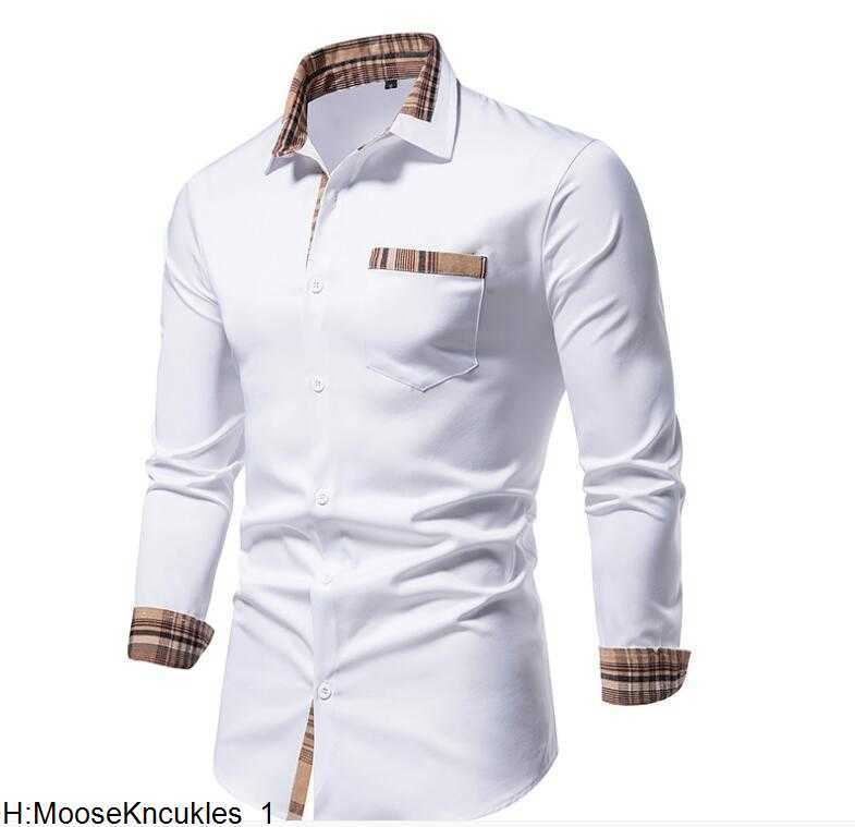 

Burbrerys Plaid Patchwork Formal Shirts for Men Slim Long Sleeve Turn-down Collar White Button Up Shirt Dress Business Office Camisas Us Size2die, 06