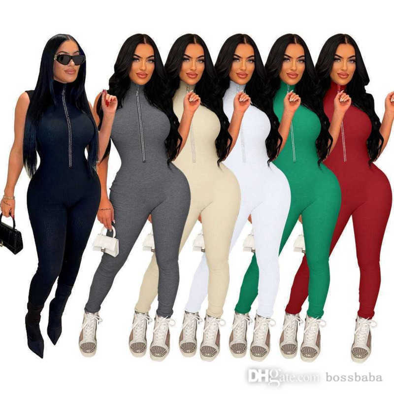 Women Jumpsuits Designer 2023 Slim Sexy New Fashion Solid Color Sleeveless Brick Zipper Rompers 6 Colours-image-703127729