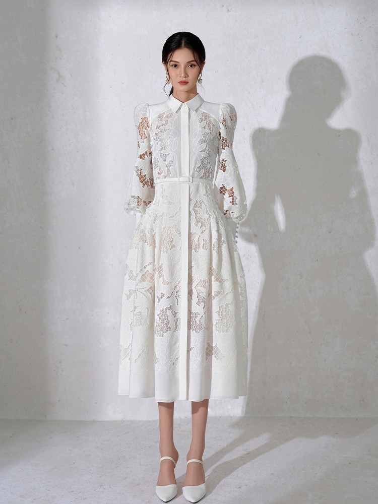 Casual Dresses Self Portrait Ladies Maxi Embroidered Sexy Collared Puff Sleeve Belt Shirt Dress Mdng260612