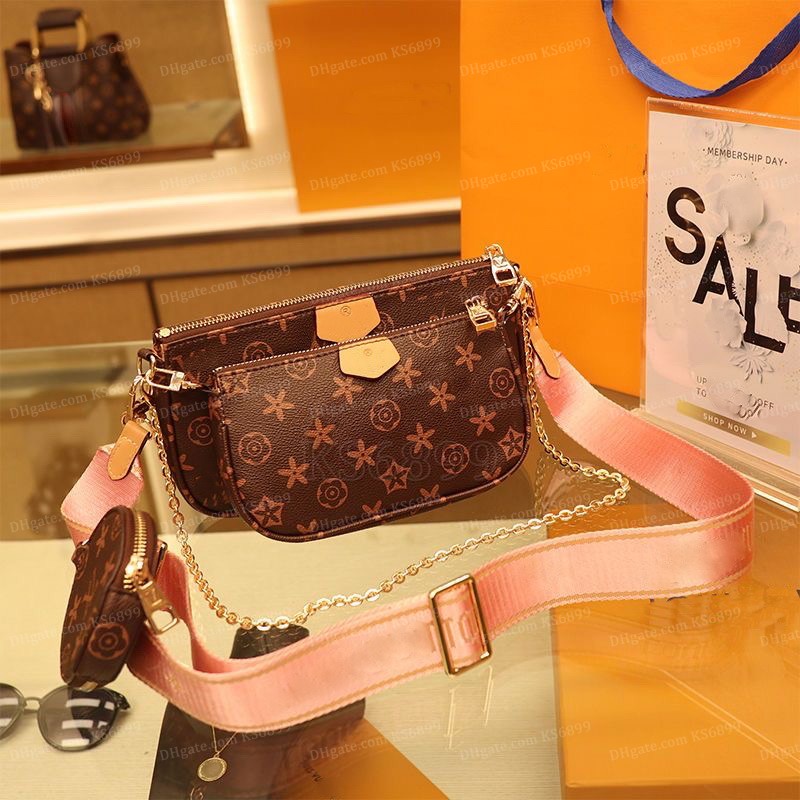 

Fashion Women Shoulder Bags Handbags Purses 3 in 1 Bag Sets Print Flower Package Double Side Wide and Chain Strap Crossbody Purse Wallet 3PCS Sets, Pink strap