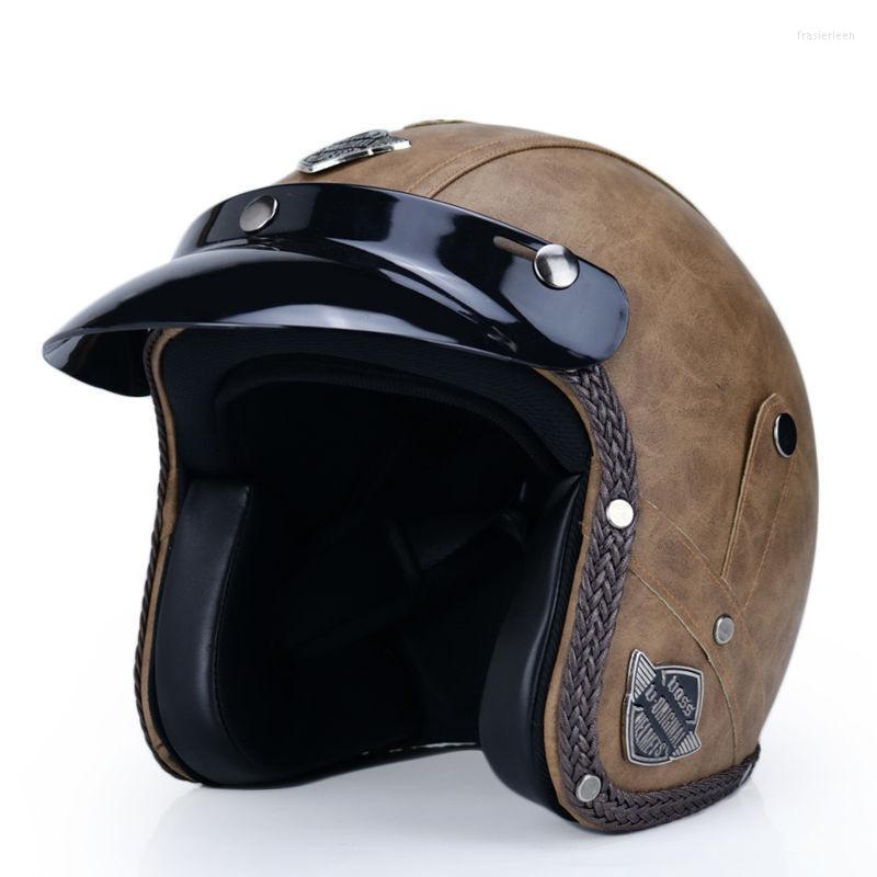 

Motorcycle Helmets Helmet Chopper Capacete DOT Approved Open Face 3/4 PU Leather Motorbike Helm Half Retro Moto Bike, B1