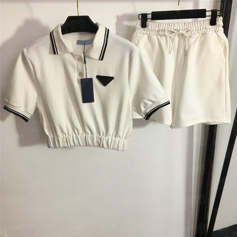 

Letter Polo Shirt Tops Shorts Women Tracksuit Cropped T Shirt Tees Elastic Waist Pants Sports Wear, White