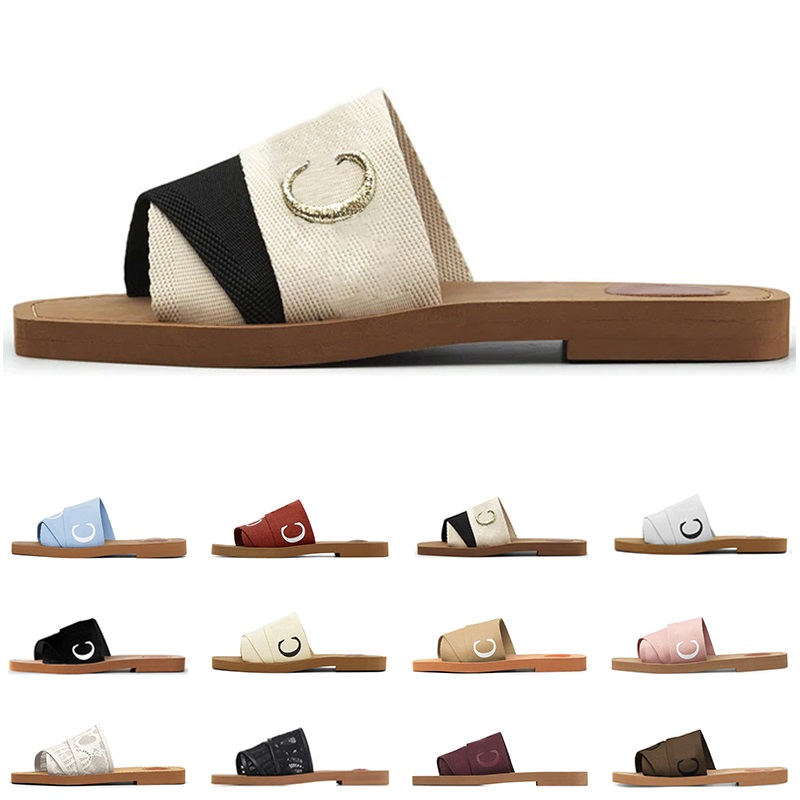 

hot women woody sandals designer flat slides beige white black blue pink lace Lettering Fabric canvas slippers womens summer outdoor shoes flip-flops, #8