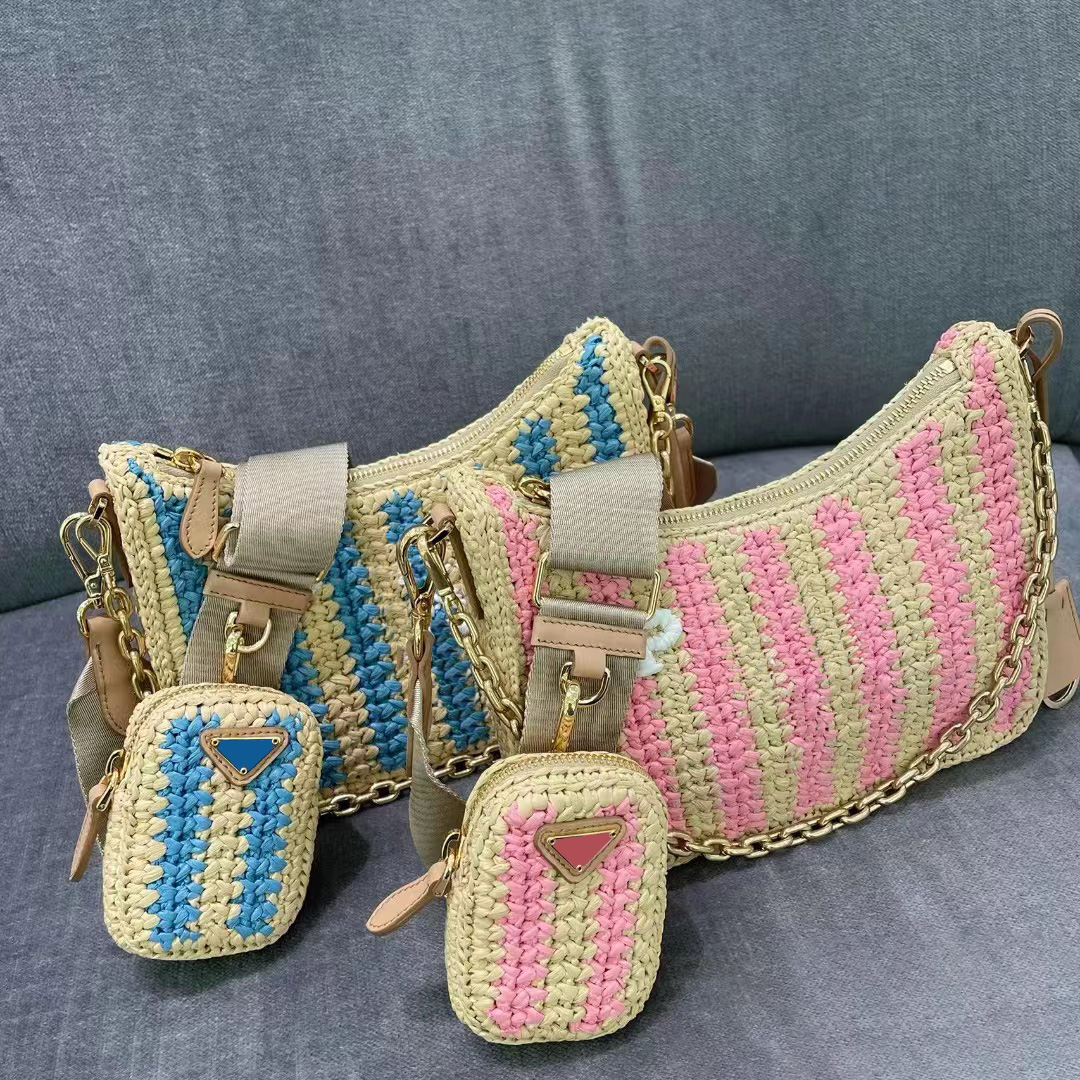 

3piece weave Straw tote Triangle Raffia Bags Womens mens stripe designer prad bag for woman luxury Shoulder handbag Black purse chain Cross body clutch Beach even bag, Green stripes