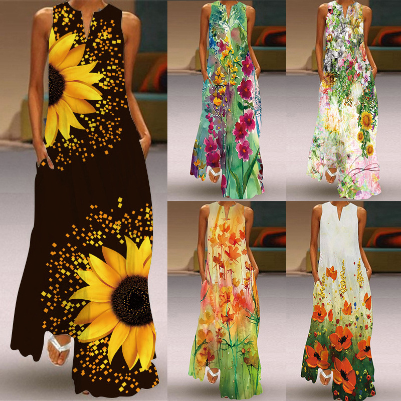 

Floral Print Green Dress Women Long Casual Plus Size Dresses Summer Woman Sleeveless Girls Beach Maxi Dress Women