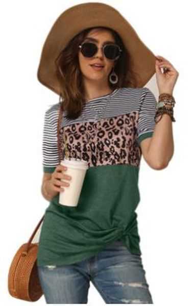 

& Women's Blouses Shirts Fashion Women Casual Short Sleeve Summer T-shirt Leopard Stripes Stitching t Shirt Top Tees Femme Ladies Tshirt Clothes SoftW946