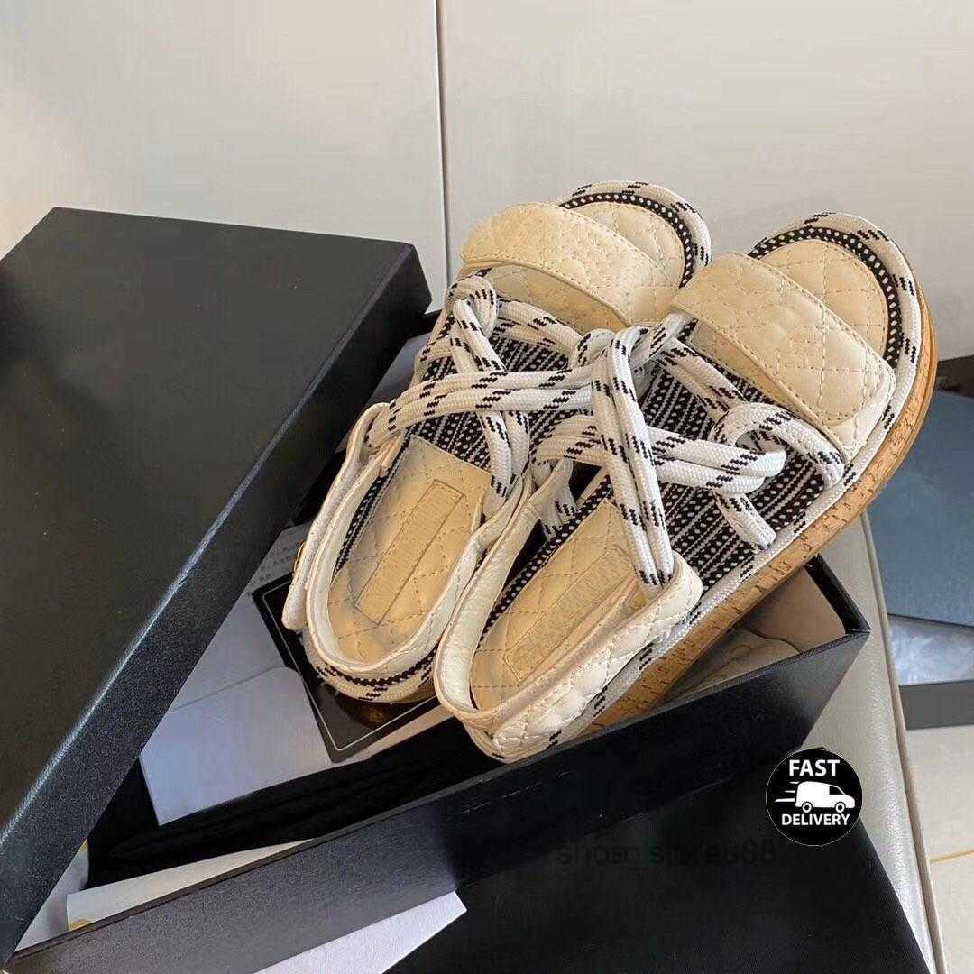 

2023 Luxury Designer Women Sandals Laces Lambskin Summer Leisure Thick-soled Casual Shoes All-match Fashion Comfortable Size 35-40, Color 2