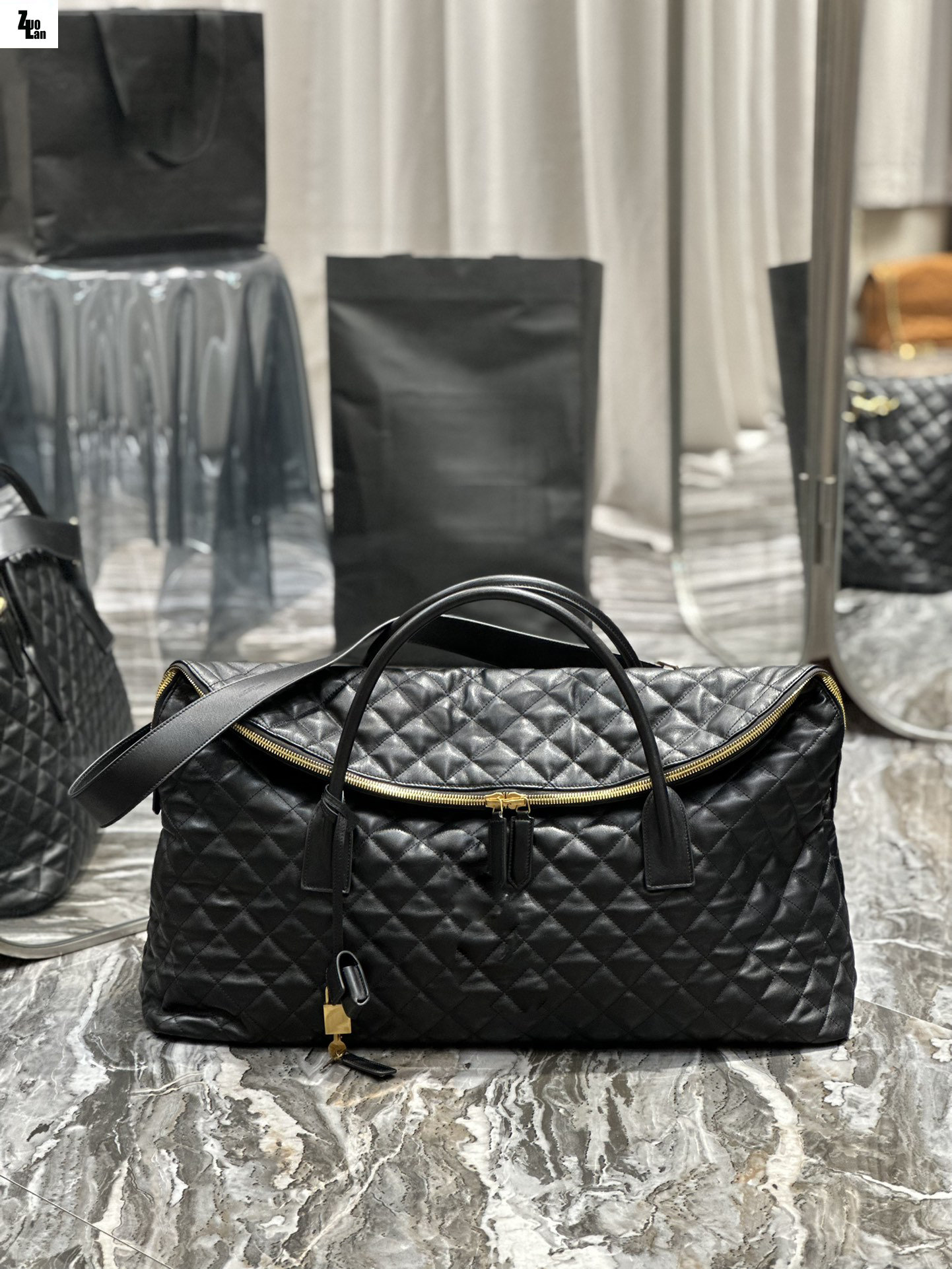 

736009 top quality unisex maxi travel bags ES Quilted Leather Oversized GIANT Travel Bag original calfskin new trendy shoulder bags embroidery luggage duffle bags, Black