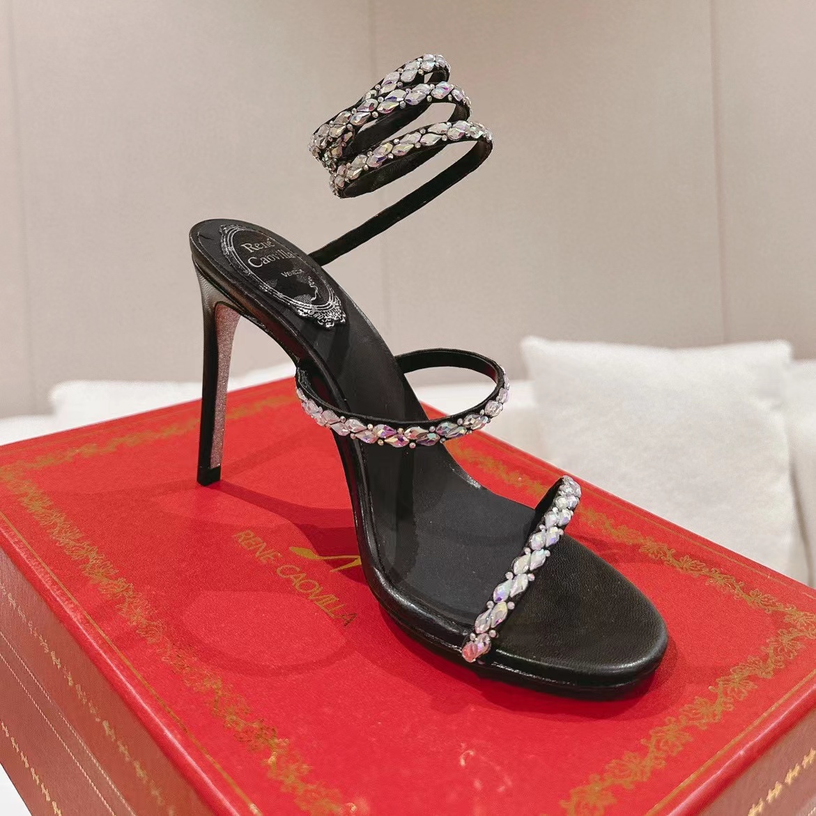 

New Rene Caovilla Cleo stiletto sandals Crystals Gem Embellished Heels Evening shoes women high heeled Luxury Designers party Wraparound Dress shoe 35-43 with box, 26