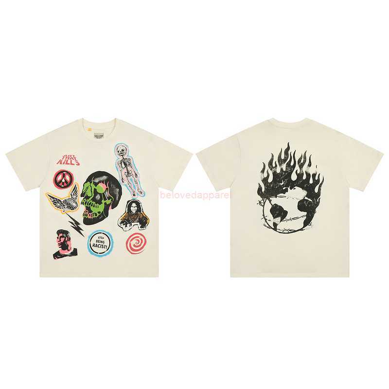 

Fashion Designer Clothing Galleryes Depts Tees Tshirt Skeleton Graffiti Print Short Sleeve American Vtg Made Garment Wash High Street Loose T-shirt Men Hip hop Tops, Apricot