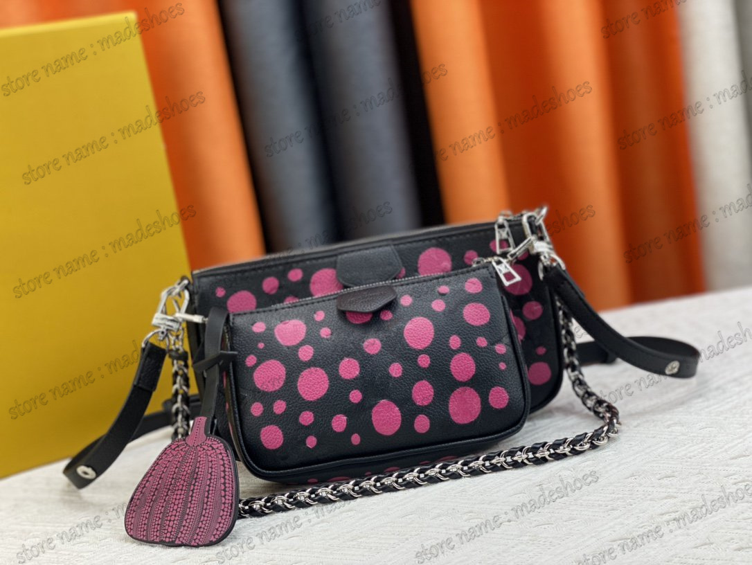 

23SS Yayoi Kusama Purse YK Multi Pochette Accessories Chain Strap Shoulder Bag Designer Luxury Embossed Monograms Leather 2sets Dot CrossBody Black/Fuchsia M46421, 01