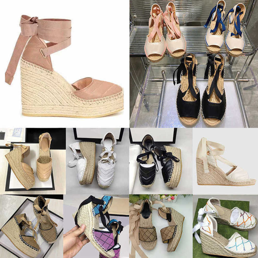 

2023 Designers Women Wedge Platform Sandals Espadrille Shoes Real Leather Ankle Lace-up Matelasse Espadrille Ladies High Heel 12cm Size 35-41