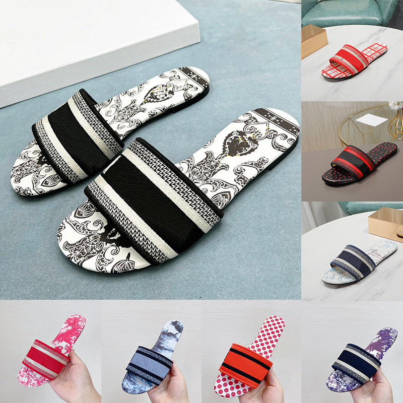 

Designer Slippers Embroidered Letters Fashion Luxury Ladies Womens Slides Fabric Rubber Beach Shoes Striped Floral Woman Sliders pantoufle Size 35-43, 38