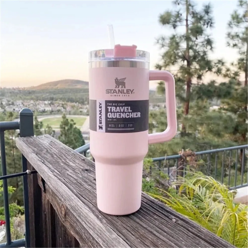 

With Logo Pink Stanly Cups 40oz Mug Tumbler With Handle Insulated Water Bottles Lid Straw Stainless Steel Coffee Termos Cup, Brown