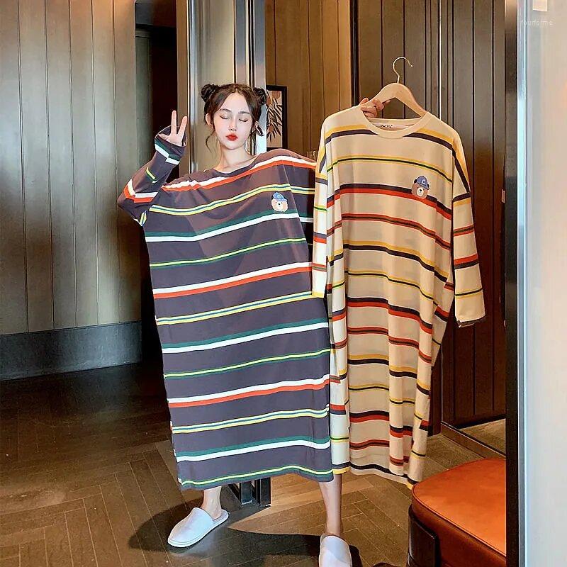 

Casual Dresses Fashion Cartoon Stripe Bear Sleeps For Women 2023 Spring And Autumn Korean Cute Long Dress Large Size Loose, Dark grey