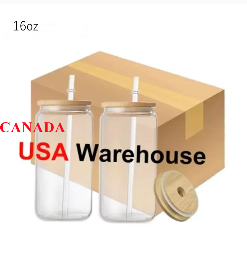 

USA/Canada Warehouse 16oz DIY Sublimation Glass Beer Mugs Blanks Water Bottles Beer Can Iced Coffee Tumblers Drinking Mason Jars With Bamboo Lids And Reusable Straw, Multi-color
