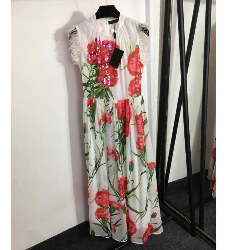 

23ss womens designer clothing summer dresses women dress Sequin studded beaded temperament flower print feather vest dress High quality womens clothing a1, 14