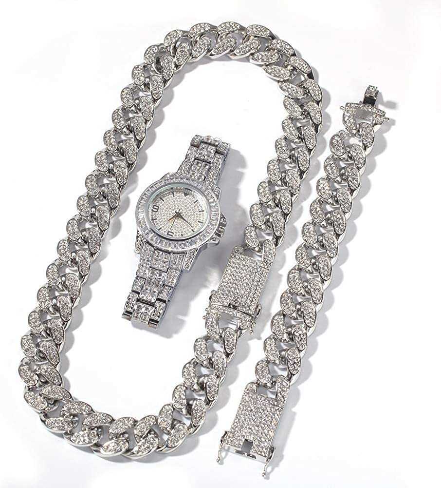 

Raysray Unisex Crystal Watch Hip Hop Jewelry Set 18/20/22/24inch Gold/Silver Necklace Iced Out Bracelet Diamond Wristwatch for Men Gold/Ice Out Cuban Link Chain