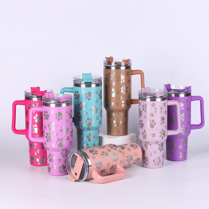 

40oz Dog Paw print Tumbler with Handle and Straw Stainless Steel Insulated Laser Travel Mug Tumbler Insulated Tumblers Keep Drinks Cold, Multi-color