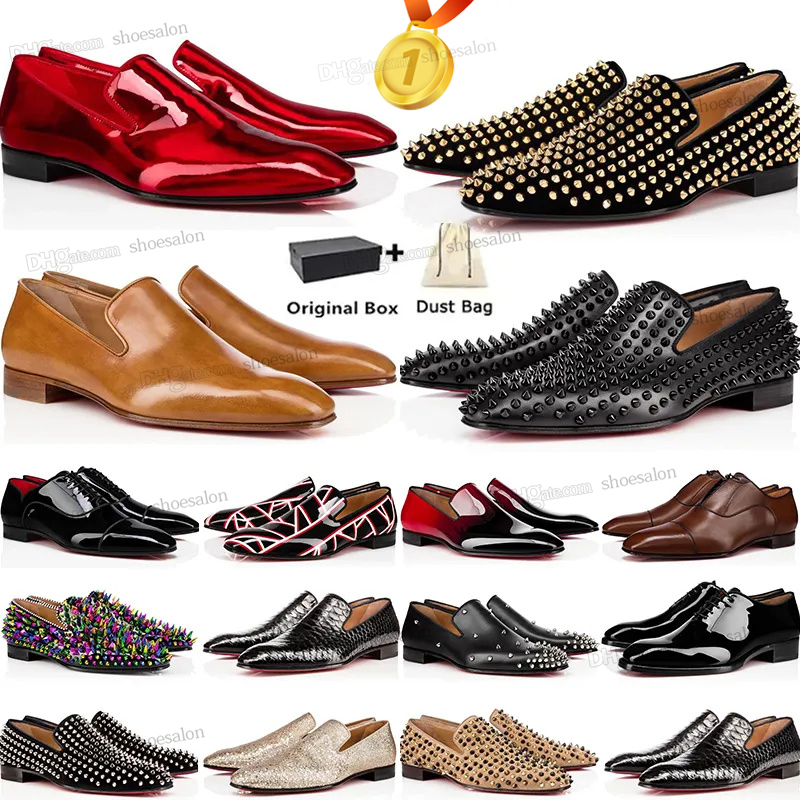 

Mens Casual Shoes Red Bottoms Loafers Pointed Toe Black Suede Patent Leather Rivets Glitter Fashion Designer Luxury Platform Trainers Oxfords Vintage Sneakers