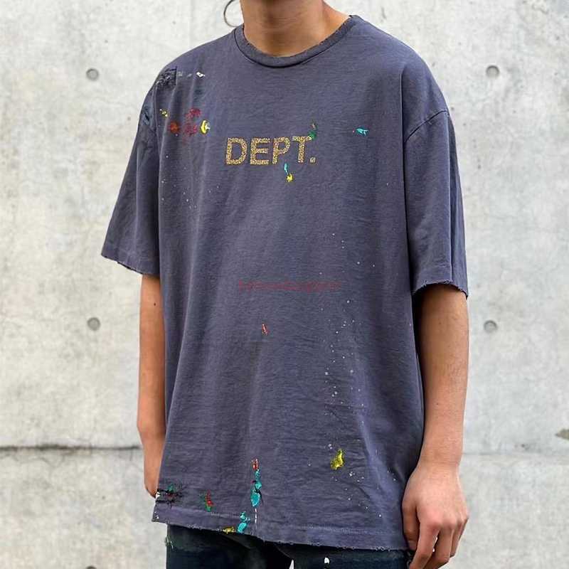 

Fashion Designer Clothing Galleryes Depts Tees Tshirt Gilded Hand-painted Graffiti Splashed Ink Vintage Loose Fitting mens womens's T-shirt Hip hop Tops, Wash black