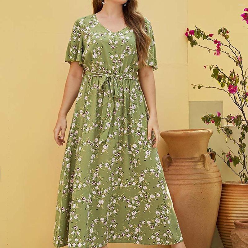 

Casual Dresses Boho 2023 Ladies Floral Printed Belt Short Sleeve Chiffon Leisure Elegant V Neck High Waist Fancy Beach Dress, Green