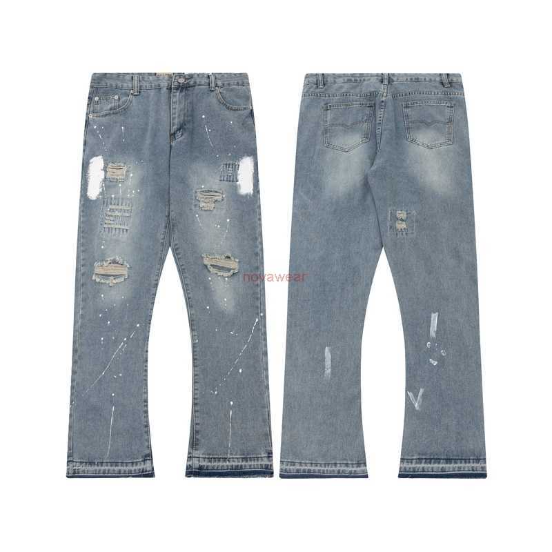 

Designer Clothing Denim Pants Galleryes Depts Jeans with Splashed InkHoles Loose Micro Flared Raw Hem Spring Pants Men's Women's Personality Trend Label, Blue