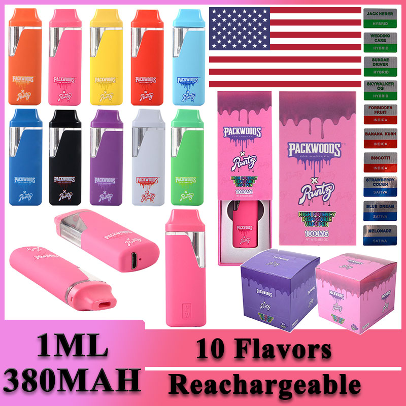 

USA IN STOCK Packwoods X Runtz Runty Disposable Vape Pens 1ml 2ml Rechargeable Device Pods Disposable E-cigarettes 380mah Battery Starter Kits 10 Flavors