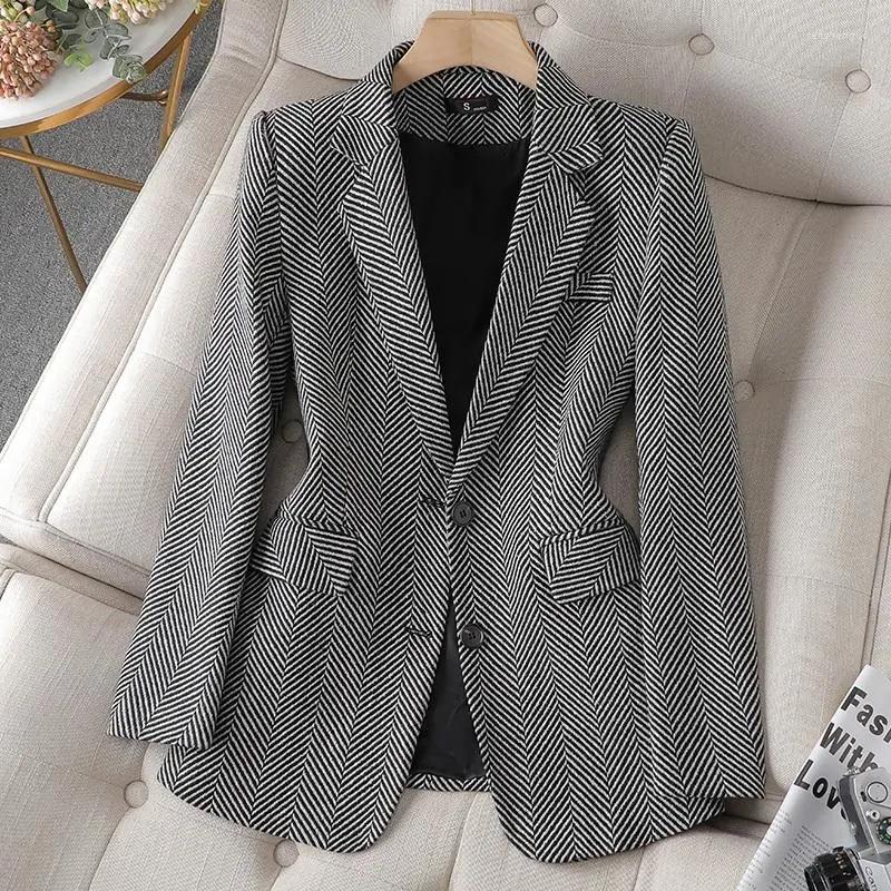 

Women's Suits Women Coffee Gray Stripe Formal Blazer Long Sleeve Single Breasted Business Jacket Coat Ladies Office Blazers Outerwear 4XL