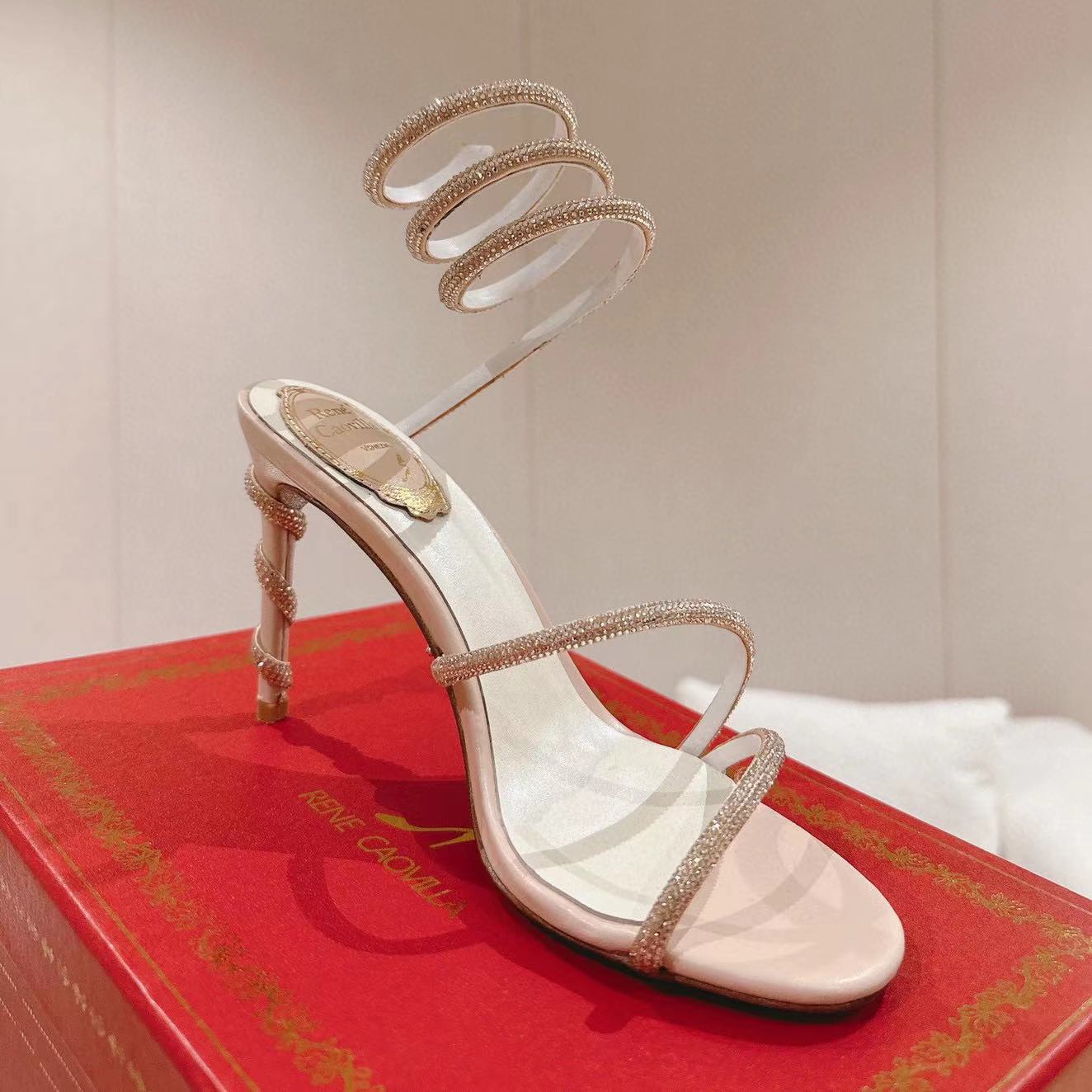 

New Rene Caovilla Cleo stiletto sandals Crystals Gem Embellished Heels Evening shoes women high heeled Luxury Designers party Wraparound Dress shoe 34-43 with box, 19